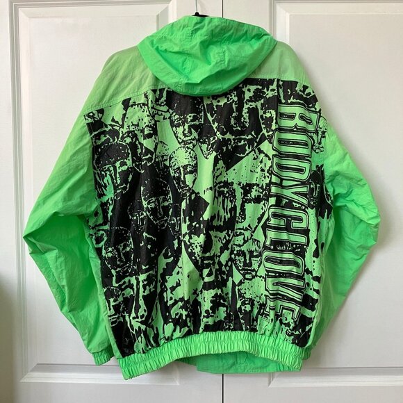 Vintage 1990 Bodyglove Windbreaker Jacket Mens Green Graphic Hooded Nylon - Picture 2 of 16